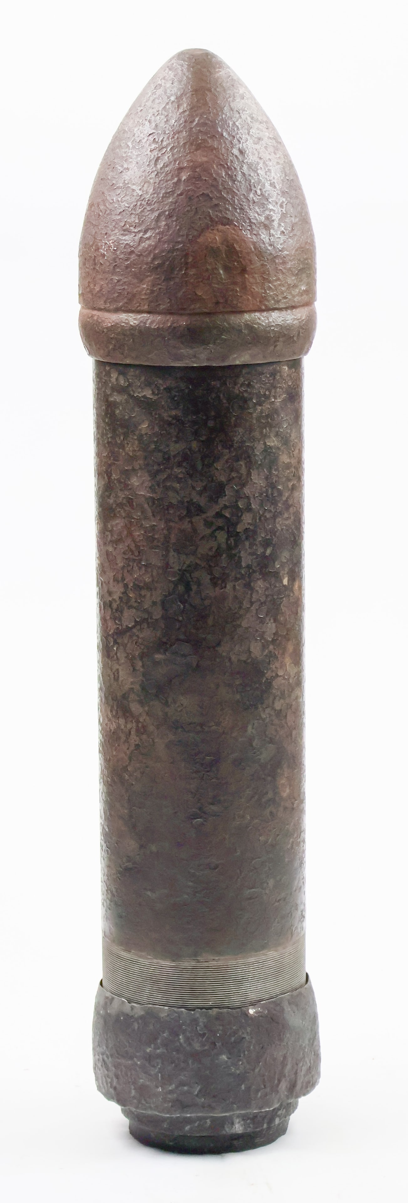 GERMAN 15 CM. WURFGRANATE 41 PROJECTILE: A rare piece of ordnance, a massive iron German 15 cm Wurfgranate 41 projectile, approx. 30 in. tall, 6.5 in. wide, completely inerted and lacking the explosive base. The angled exhaust jets at the bo