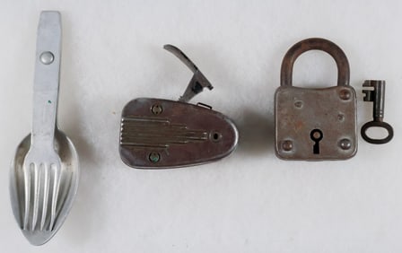 GERMAN WORLD WAR II FOLDING FORK/SPOON AND EQUIPMENT LOCK (3)