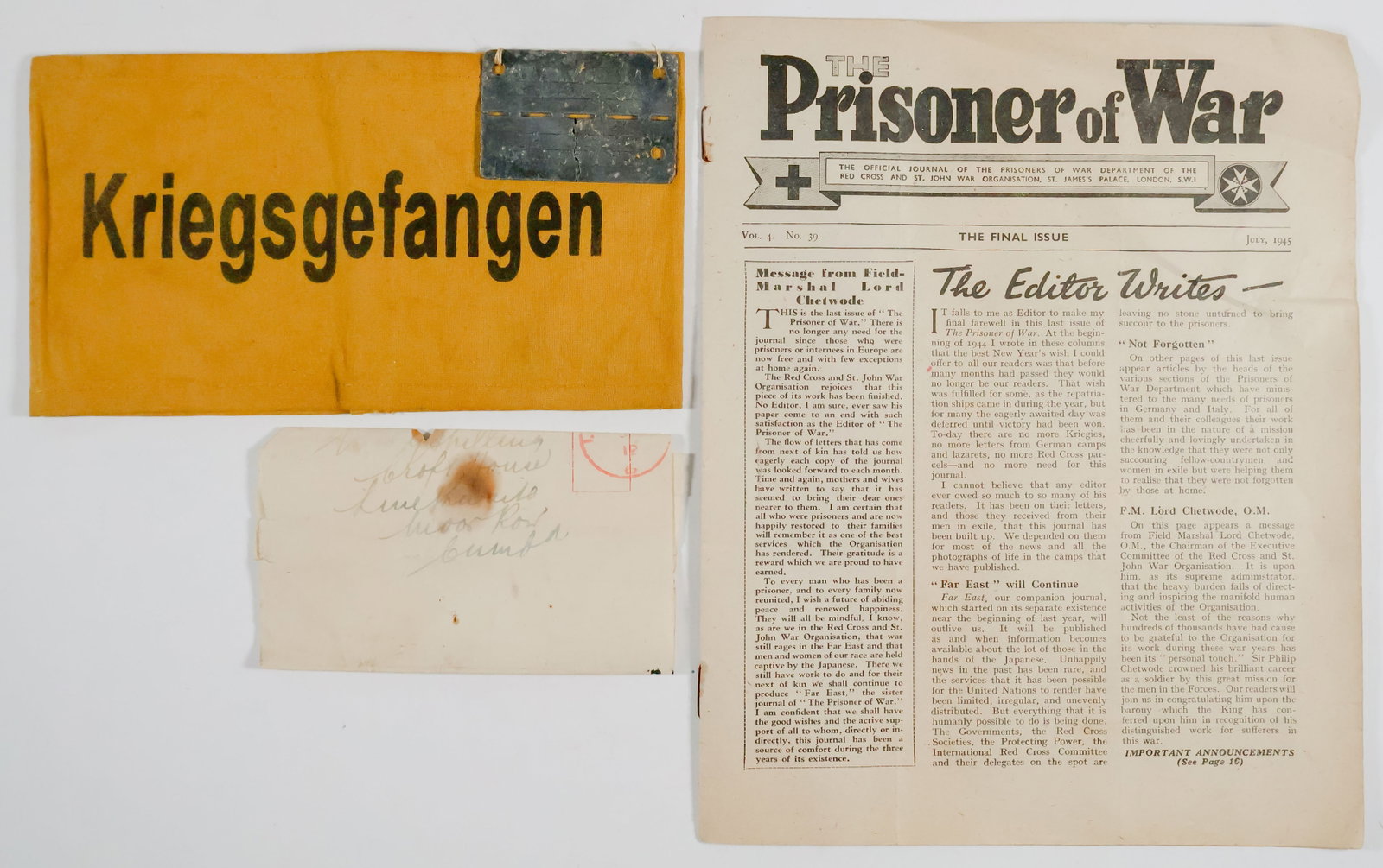 KRIEGSGEFANGEN ARMBAND WITH ALLIED PRISONER'S DOG TAG: Pair of rare items, includes a 'Kriegsgefangen' armband, black text printed on yellow cloth, approx. 16 x 4 3/8 in. and joined at the rear. The armband is further marked within: '25634 Stalag I a'. St