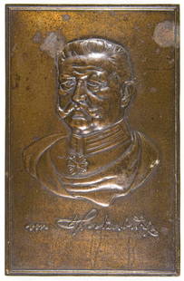 PAUL VON HINDENBURG PLAQUE: Bronze plaque, 6.25 x 9.75 in., showing an embossed bust portrait of Paul von Hindenburg, his name at the bottom. No markings. Notable areas of oxidation at the top corners, else very good.