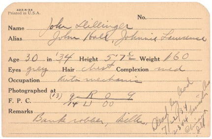 JOHN DILLINGER POLICE INVESTIGATIVE CARD: 'DEAD BY LEAD'