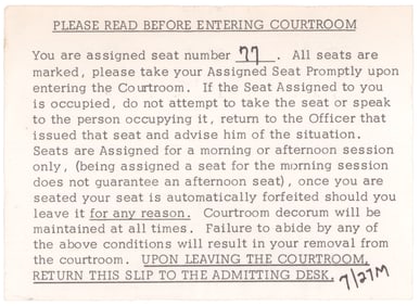A PASS TO CHARLES MANSON'S TRIAL THREE DAYS AFTER ITS START