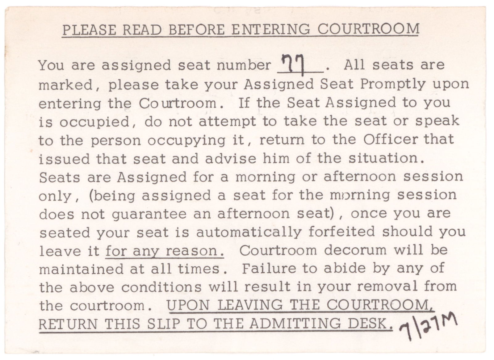 A PASS TO CHARLES MANSON'S TRIAL THREE DAYS AFTER ITS START (1 of 1)