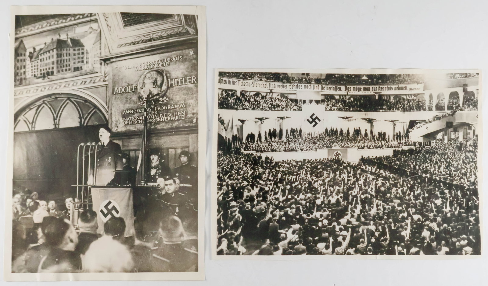 ADOLF HITLER PRESS PHOTOGRAPHS (2): Two 9.75 x 7 in. b/w photographs published by Call-Bulletin Newspaper stamped Oct. 6, 1938 and Mar. 21, 1940 featuring Hitler giving speeches, one in which he proclaims loyalty and friendship with the