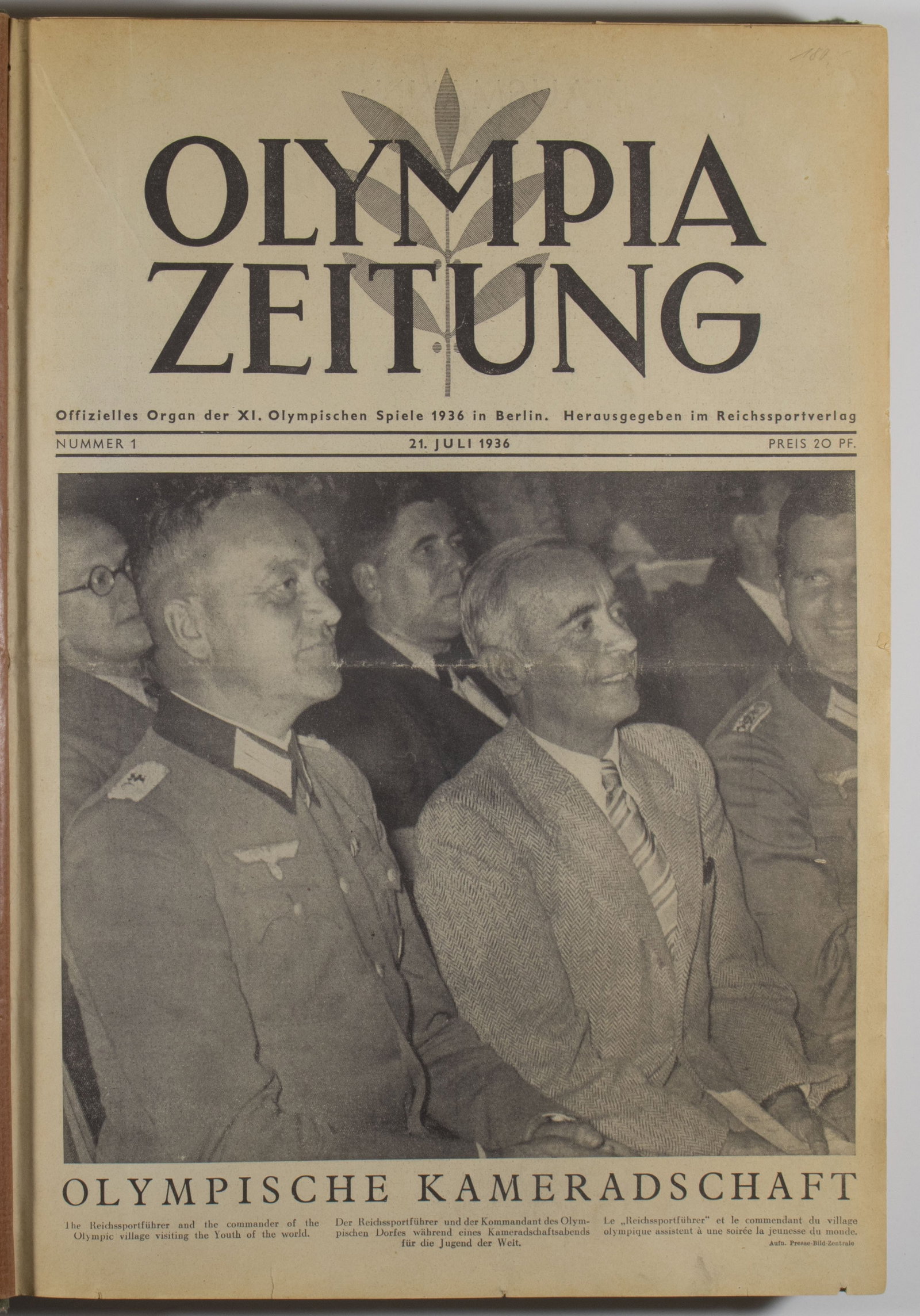 'OLYMPIA ZEITUNG' THIRTY-ISSUE RUN: Complete set of 30 issues of the 'Olympia Zeitung,' the official organ of the 1936 XI. Olympic Summer Games in Berlin, 624pp. 18 x 12 1/2 in., from No. 1 (July 21, 1936) to No. 30 (August 19, 1936), w