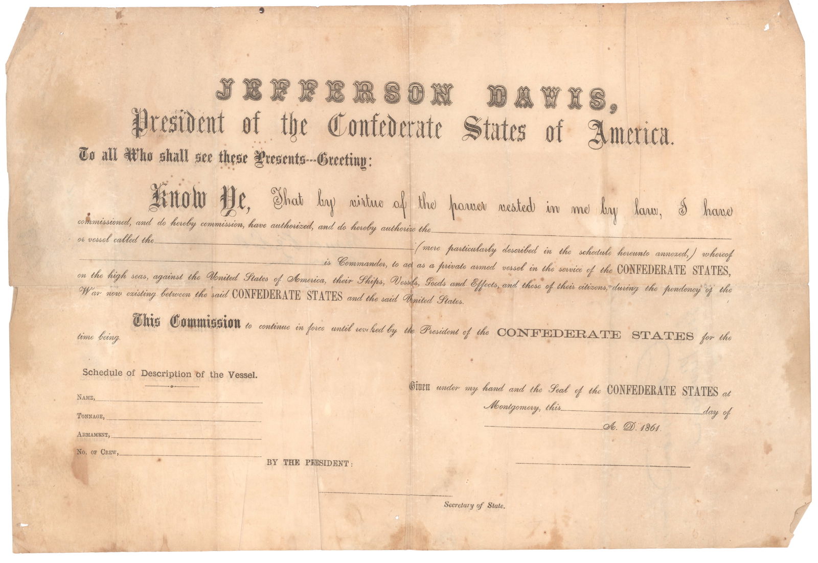 JEFFERSON DAVIS CONFEDERATE PRIVATEER COMMISSION (1 of 1)