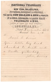 1853 TELEGRAM ANNOUNCES CHILD’S DEATH