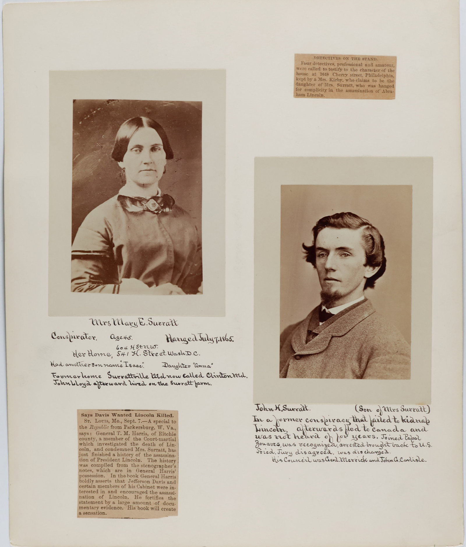 LINCOLN ASSASSINS: Two very rare original photographs of assassins connected to the Lincoln’s murder, pasted to a 10 x 12 in. board and bearing with period captions. Includes MARY SURRATT (1823-1865), a boarding h