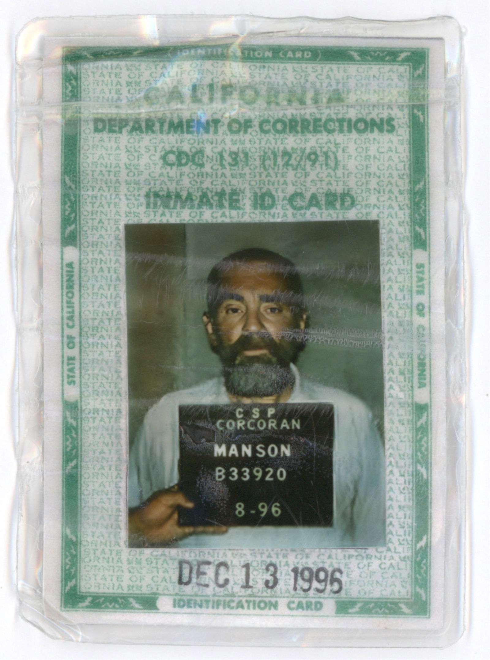 CHARLES MANSON'S CALIFORNIA DEPT OF CORRECTIONS I.D. CARD (1 of 2)