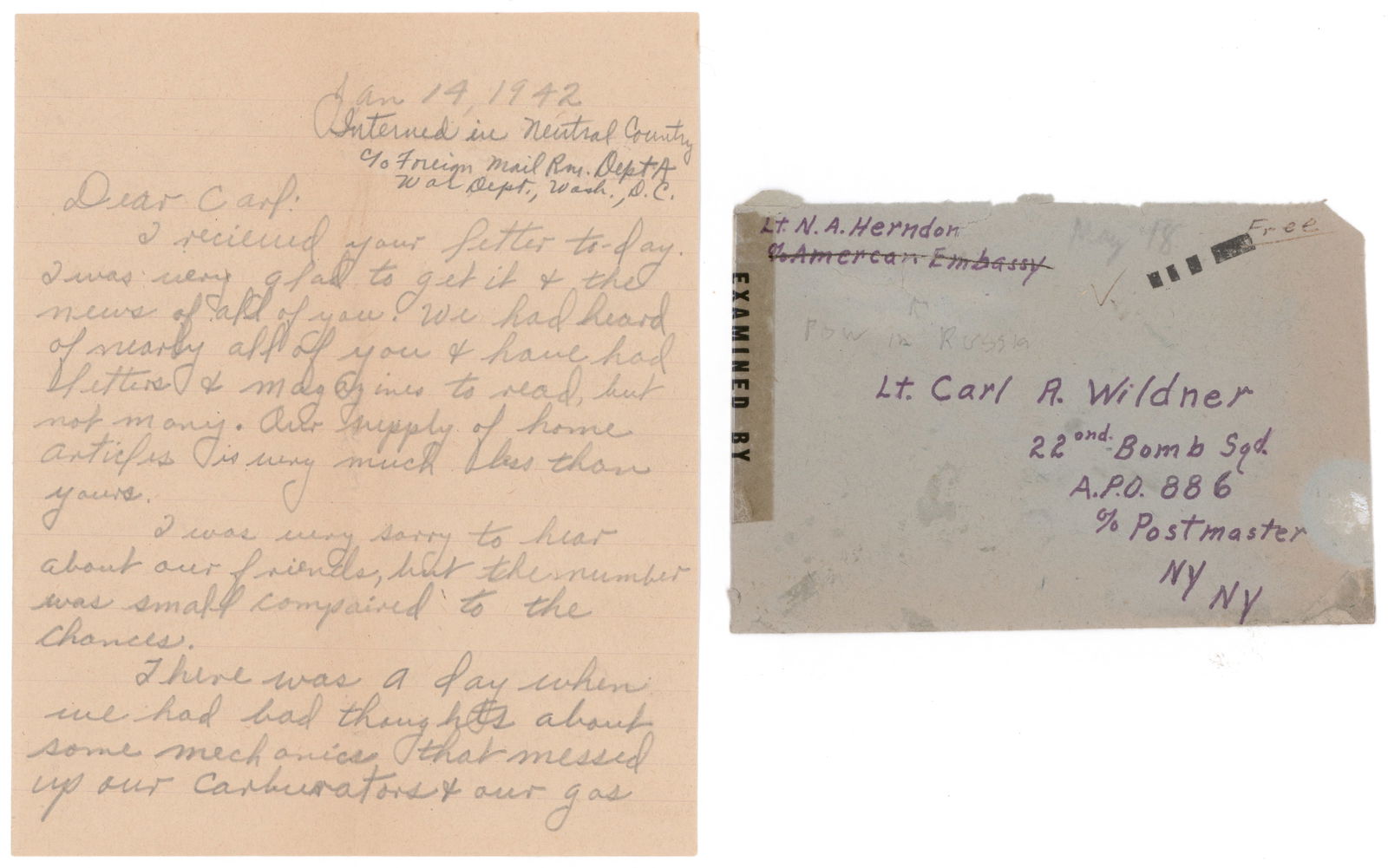 (DOOLITTLE MISSION) NAVIGATOR NOLAN HERNDON WAR-DATE LETTER AS RUSSIAN INTERNEE (1 of 4)