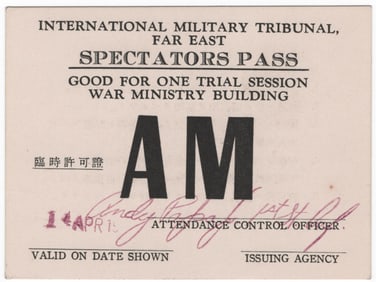 TOKYO WAR CRIMES TRIBUNAL SPECTATOR’S PASS