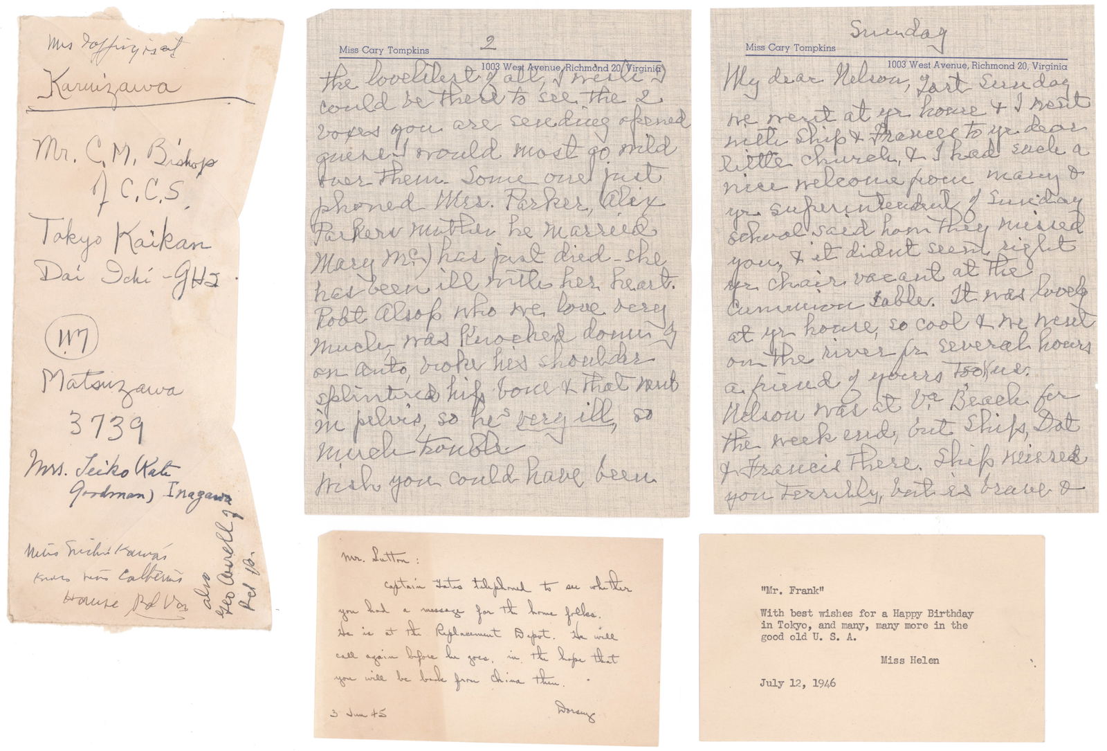 (TOKYO WAR CRIMES TRIBUNAL) ASSOCIATE COUNSEL DAVID N. SUTTON CORRESPONDENCE ARCHIVE (1 of 20)