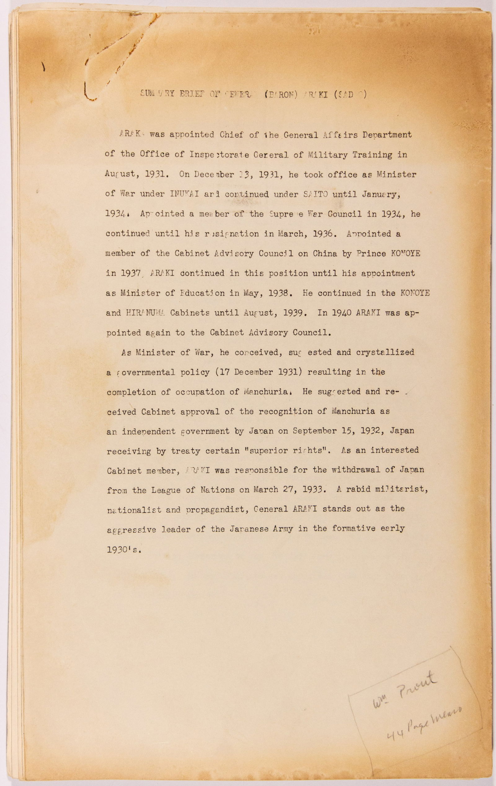 (TOKYO WAR CRIMES TRIBUNAL) BIOGRAPHICAL SUMMARIES OF JAPANESE WAR CRIMINALS (1 of 4)