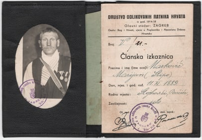 CROATIAN WORLD WAR I VETERANS' SOCIETY MEMBERSHIP BOOK