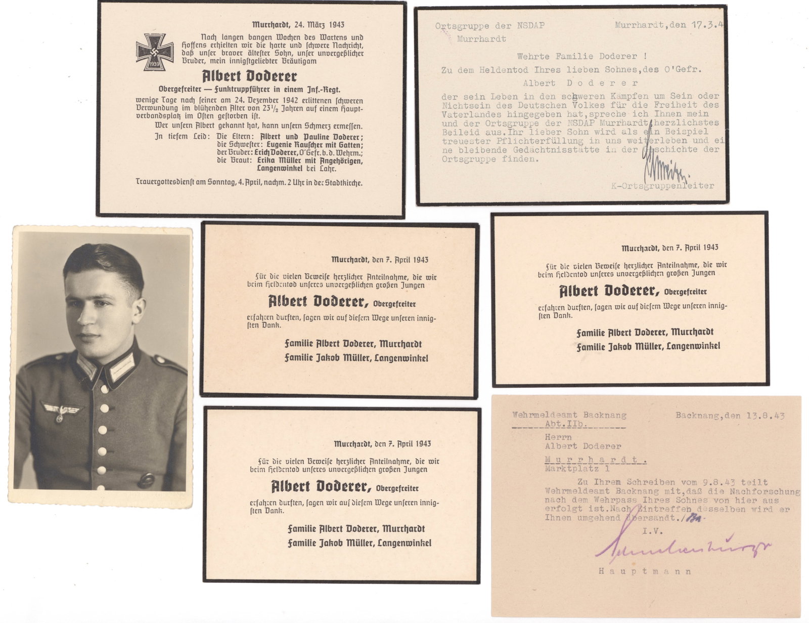 DEATH OF A GERMAN CORPORAL: A small archive of material relative to the death of Albert Doderer, a radio troop leader, killed on Dec. 25, 1942 while fighting on the Don River east of Rossosh. Dodorer was born in 1919 in Murrhard