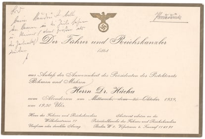 INVITATION FROM HITLER TO EMIL HACHA, PRESIDENT OF BOHEMIA-MORAVIA