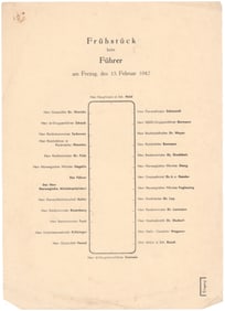 ORIGINAL SEATING CHART FOR BREAKFAST WITH HITLER, 1942