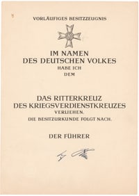 KNIGHTS CROSS OF THE WAR MERIT CROSS AWARD, IN BLANK