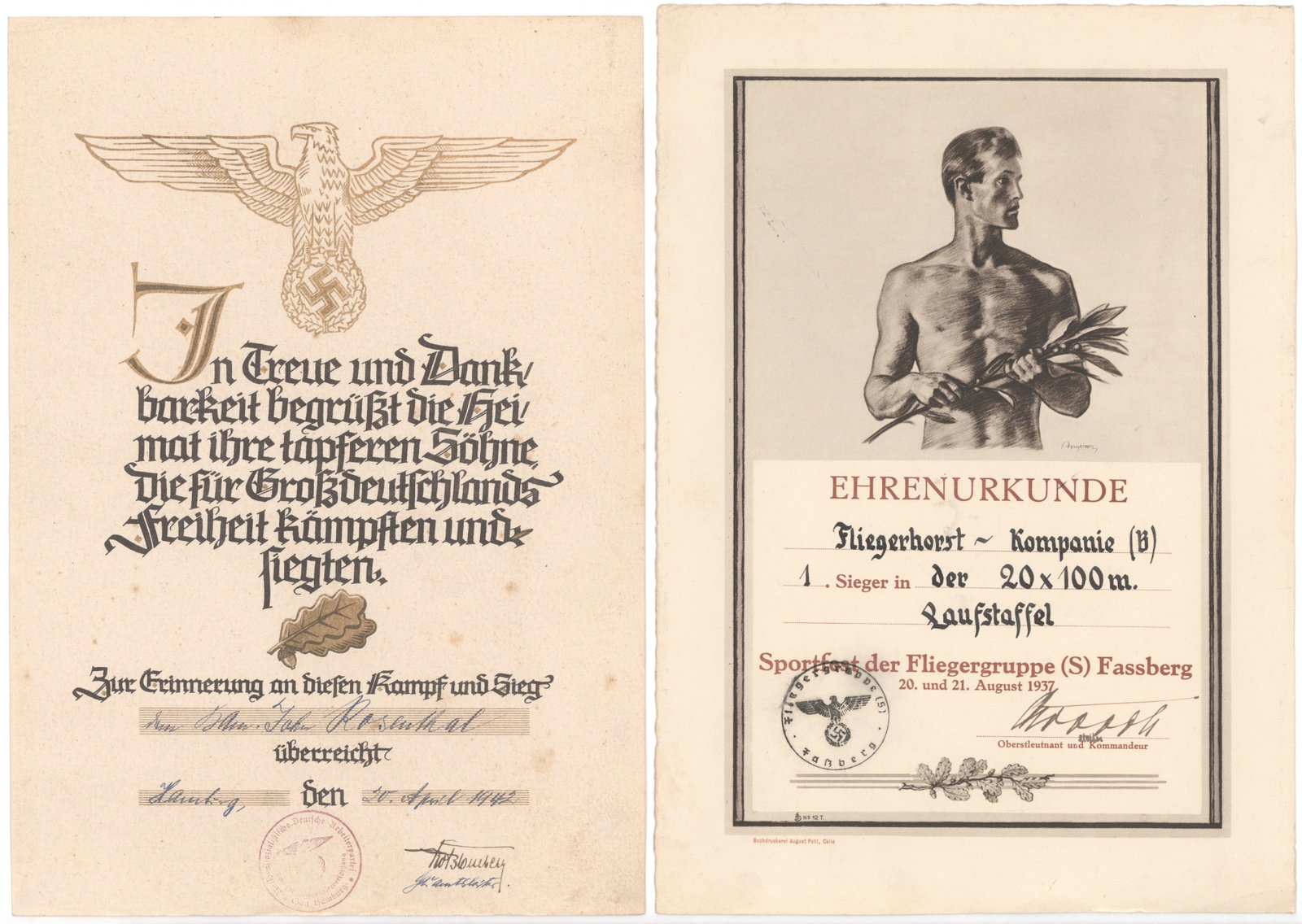 NAZI ATHLETIC COMMENDATION: An ornate, partly-printed D.S. 1p. legal folio, Hamburg, with the ceremonial date of Hitler’s birthday, Apr. 20, 1942. The document recognizes the participation of [first name illeg.] Rosenthal.
