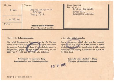 PACKAGE RECEIPT FROM THERESIENSTADT