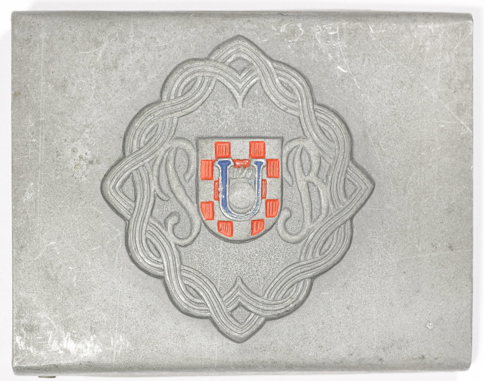 INDEPENDENT STATE OF CROATIA RESERVE BATTALION BELT BUCKLE: Rare World War II-era belt buckle, 2.75 x 2 in., bearing the insignia of the Reserve Battalion (Pripremna Bojna) of the Independent State of Croatia. The buckle is constructed of patinated zinc, die-s