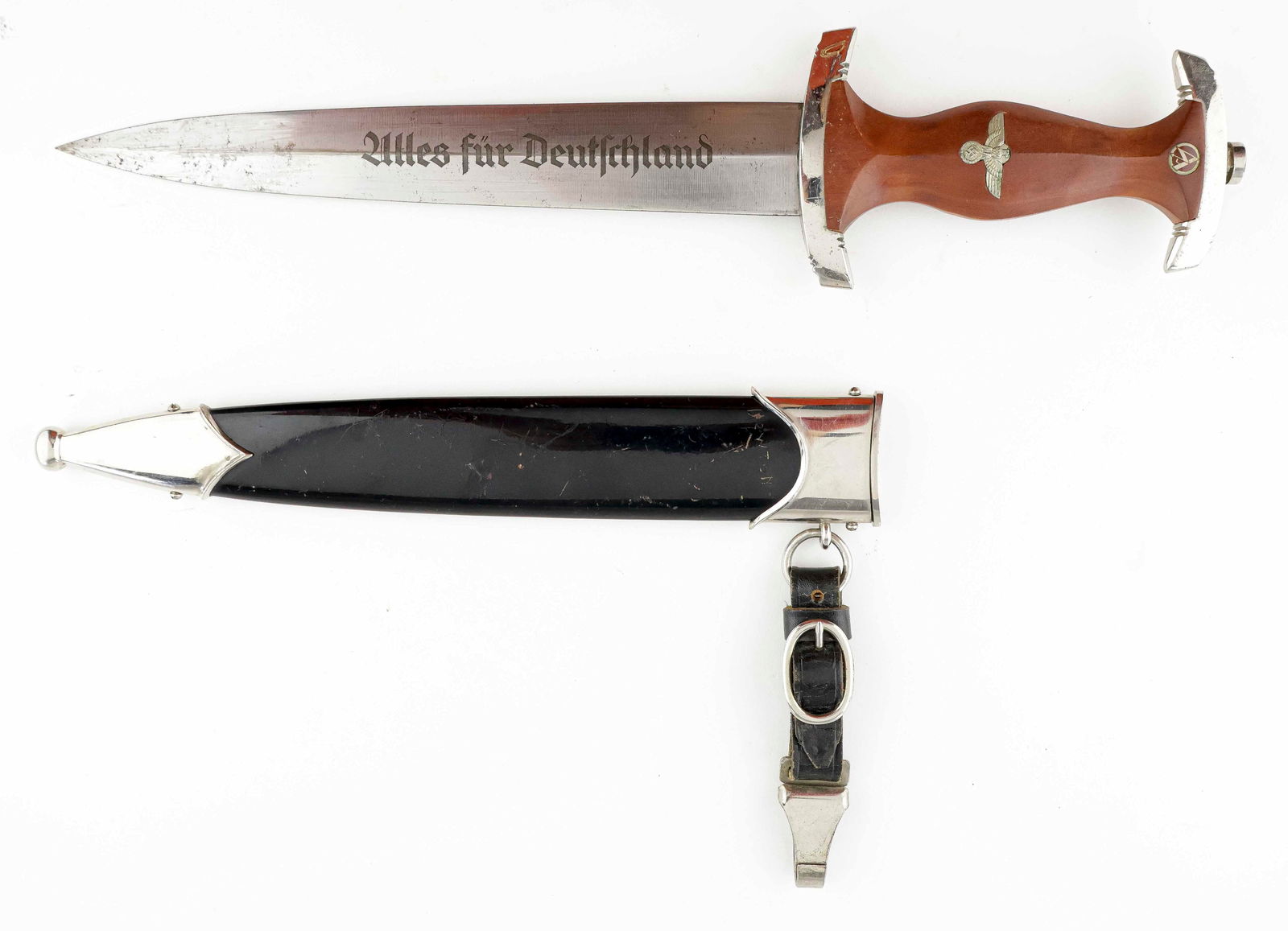 NSKK DRESS DAGGER WITH HANGER: NSKK dress dagger, 8.75 in. blade and 13.75 in. overall, featuring a beautiful lighter toned hardwood grip, in near perfect condition with no chips or cracks, only showing some wear to the finish near