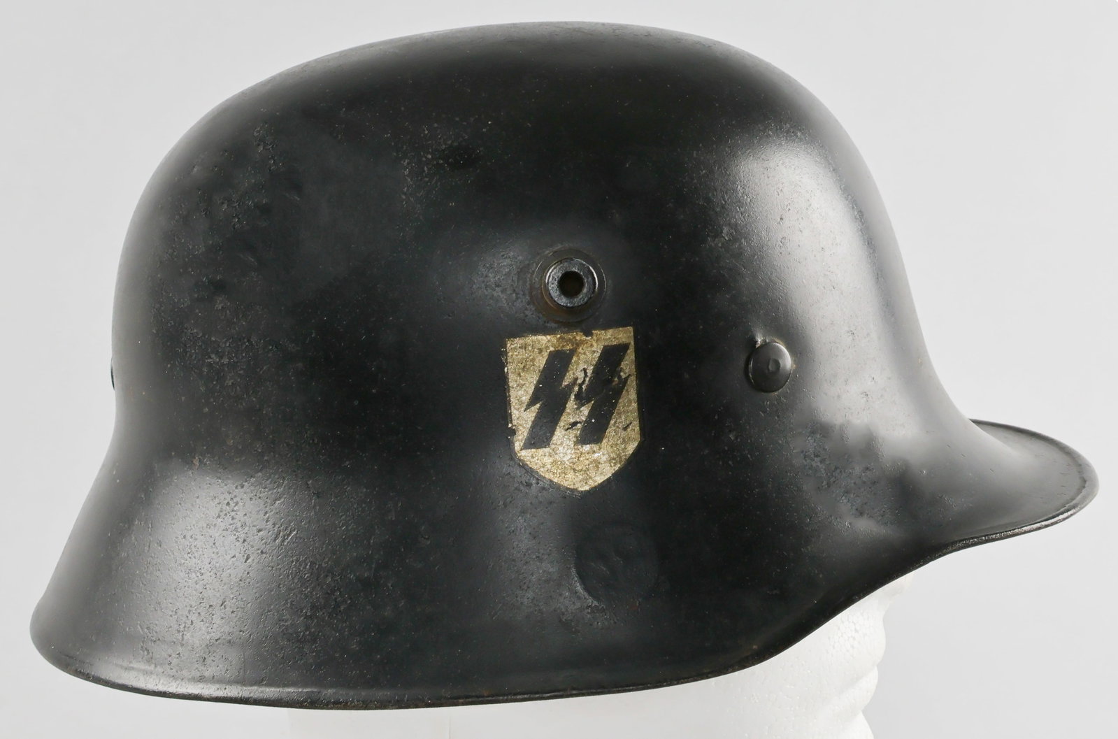 ALLGEMEINE SS-RZM PARADE HELMET: Excessively rare private purchase transitional Allgemeine-SS parade helmet, RZM/SS M18 style double decal with SS runic decal applied to right side, and the rarely seen white mobile swastika applied t