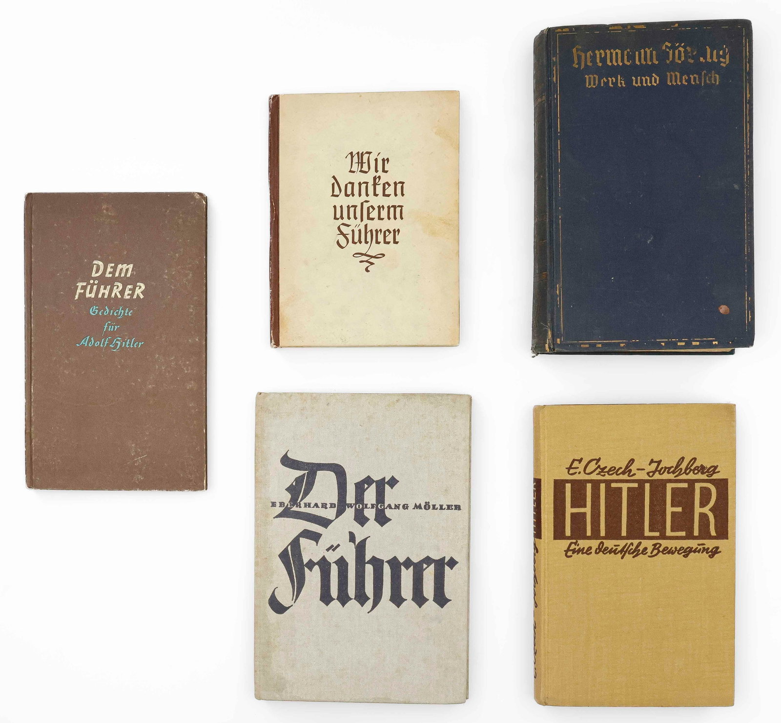 ADOLF HITLER AND HERMANN GORING BOOKS: A group of five original Third Reich volumes, includes: ‘Der Fuhrer’ by Bernhard Moller (Berlin: Zentralverlag der NSDAP, 1938), 171pp. 8vo. hardbound; ‘Dem Fuhrer Gedicte fur Adolf 