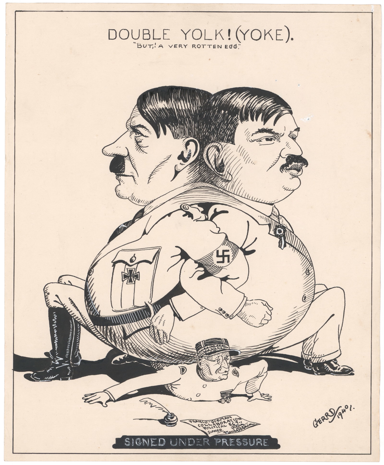 EARLY WAR PEN AND INK CARICATURES (3): Good lot of three original pend and ink caricatures, two 10 x 16.25 in., one 11.25 x 13.75 in., all dated 1940 and signed by cartoonist 'GERRD'. The latter image shows Hitler and French collaborationi