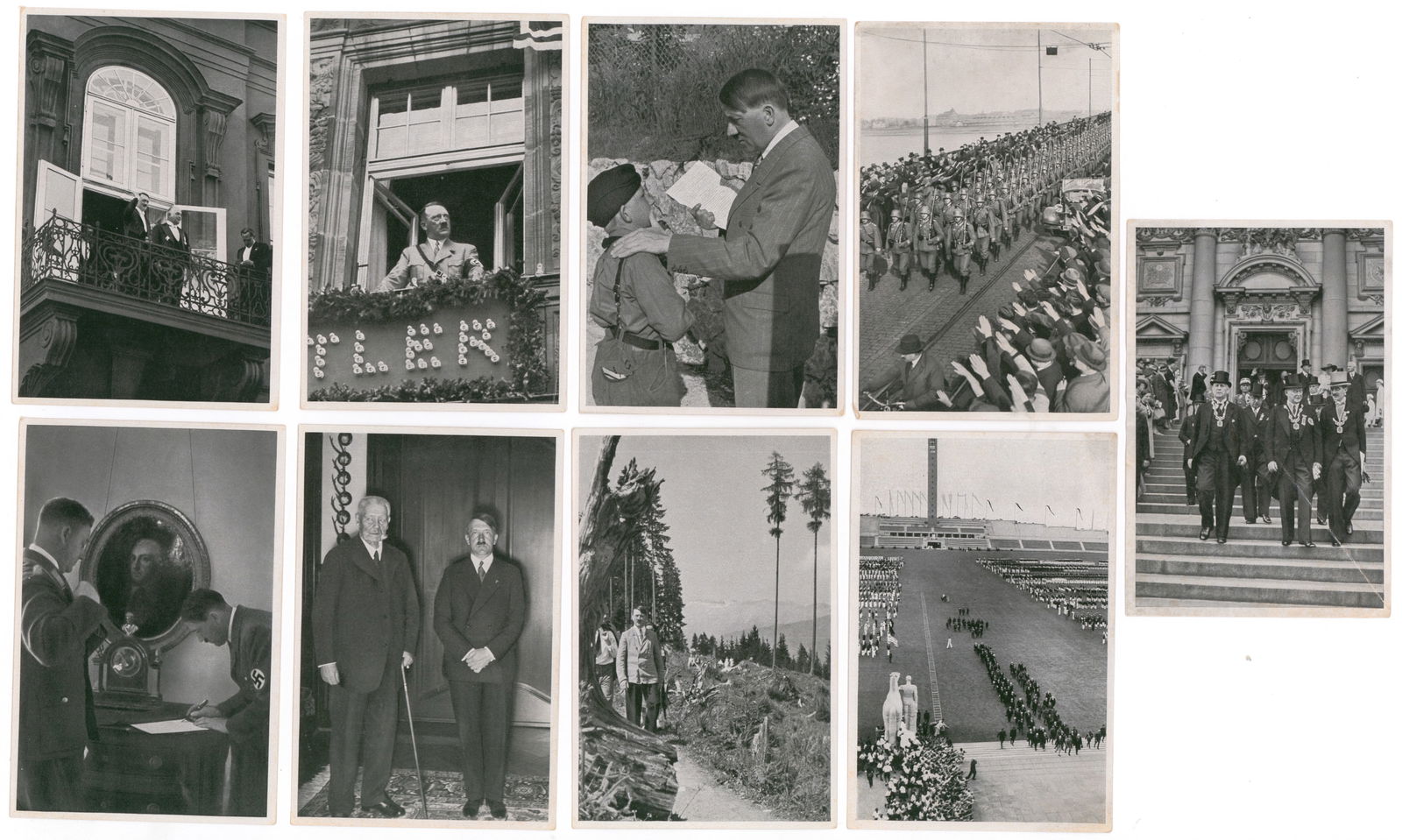 HITLER PROPAGANDA CARDS (44): A group of 3 x 4.75 in. b/w disbound sheets of Third Reich photography by Heinrich Hoffmann. Each leaflet is numbered at top left, and bears a title such as ‘You see the Fuhrer for the first tim