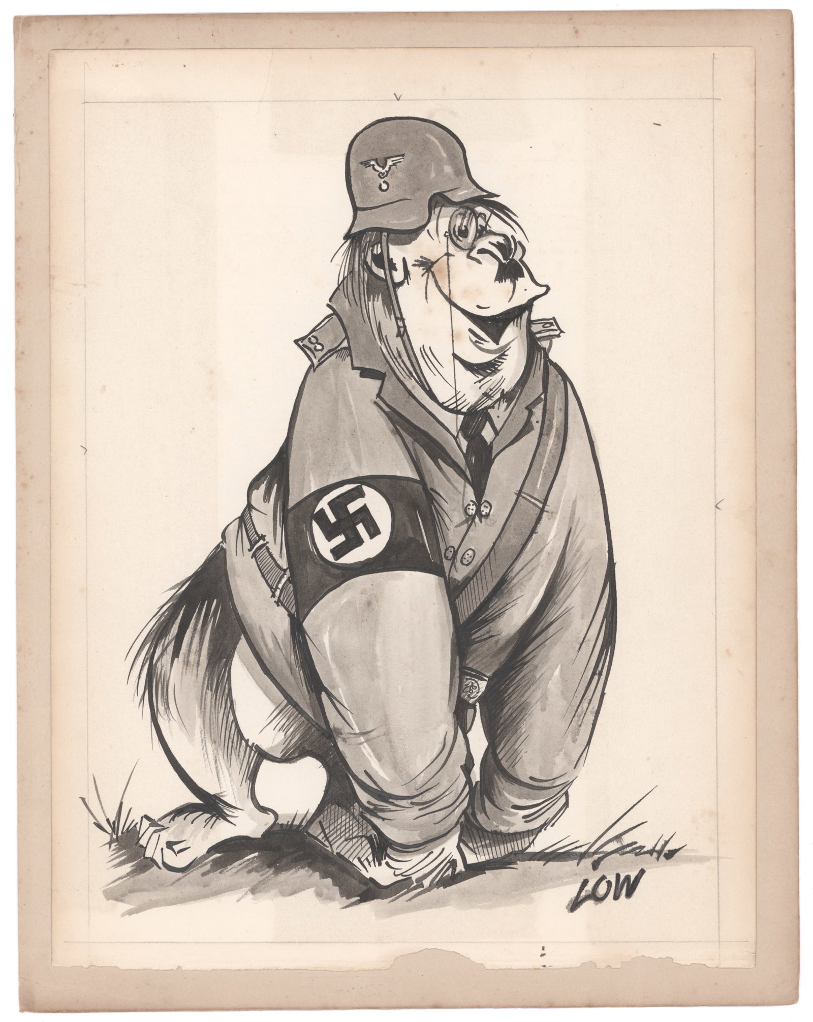 ANTI-NAZI POLITICAL CARTOON: An original pen caricature of Adolf Hitler in the form of a gorilla wearing a Nazi jacket and M40 helmet, knuckles to ground and bearing an absurdly happy expression. The art, 8.5 in. x 11 in., is mou