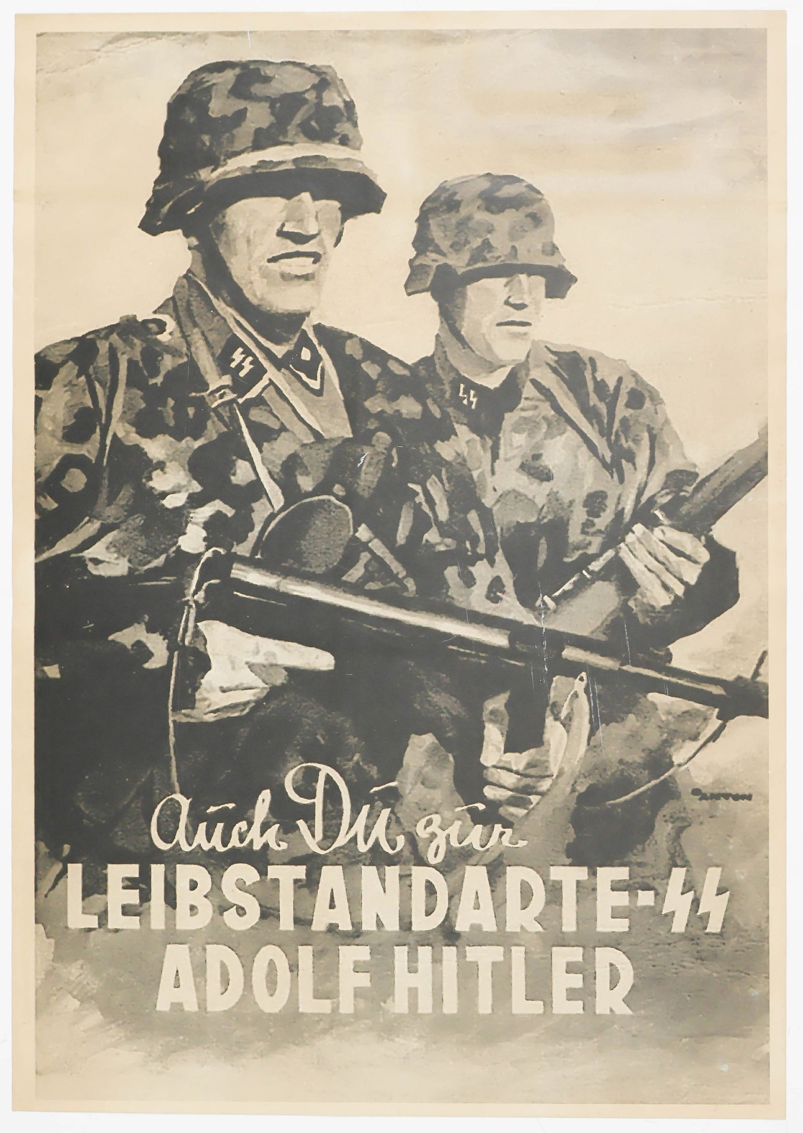 HITLER AND SS PROPAGANDA POSTERS (6) / POSTWAR PRINTED: Group of six vintage post-war printed propaganda posters, all approx. 12 x 17 in. color, including examples depicting Hitler, the Reichsparteitag at Nuremburg, Stuka-Motorcycle Unit battle posters, tw