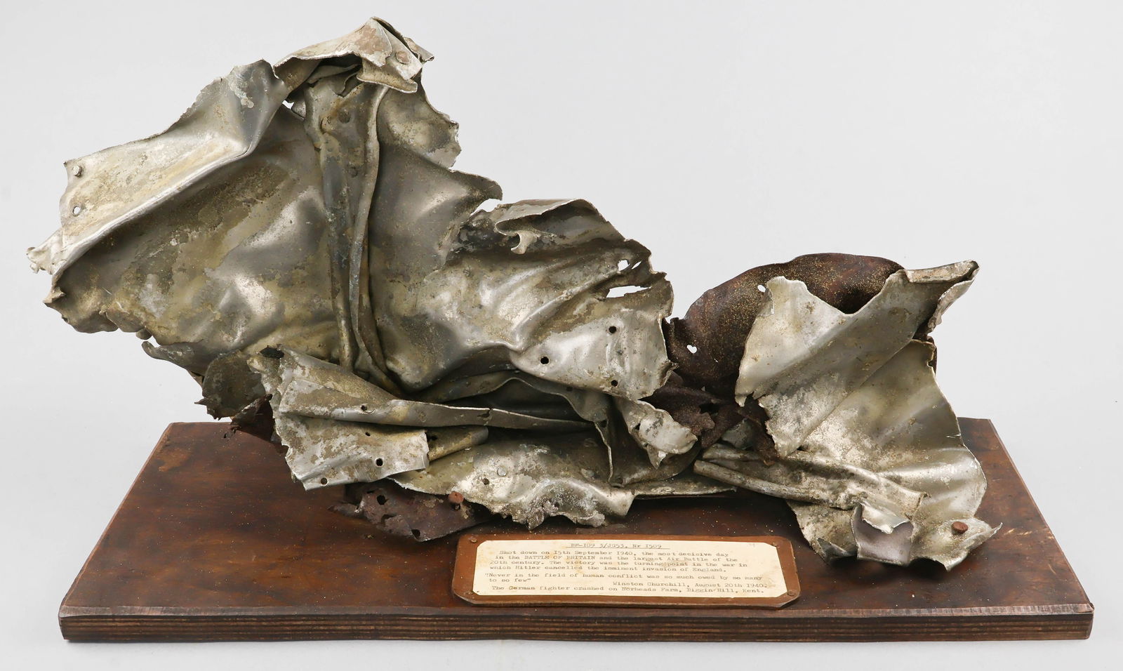 BF-09 RELIC, FROM PLANE SHOT DOWN ON BATTLE OF BRITAIN DAY: A fine Battle of Britain relic dating from Sept. 15, 1940, when the RAF made a decisive victory over the Luftwaffe, forcing Hitler to postpone his plan to invade England. The relic, 20 in. x 11 in. ap