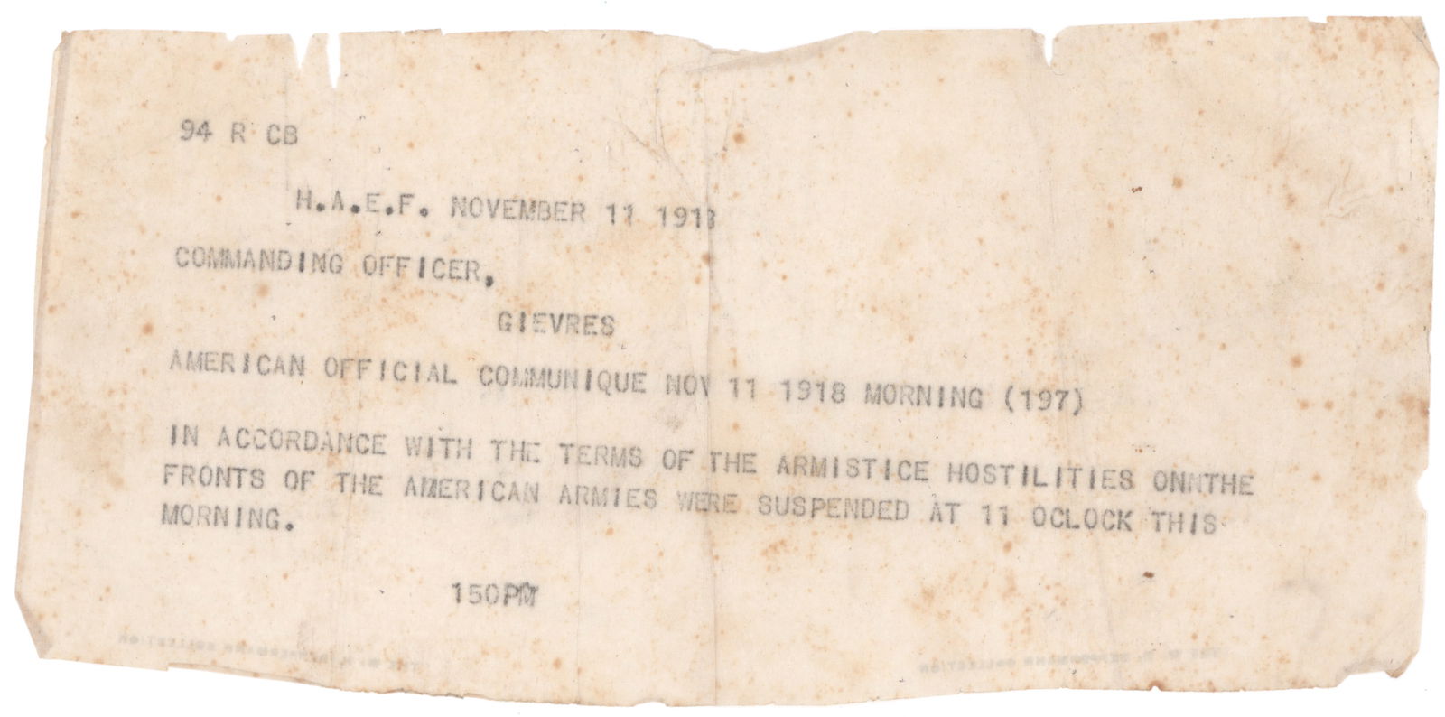 ORIGINAL TELEGRAM ANNOUNCING ARMISTICE OF WORLD WAR I (1 of 1)