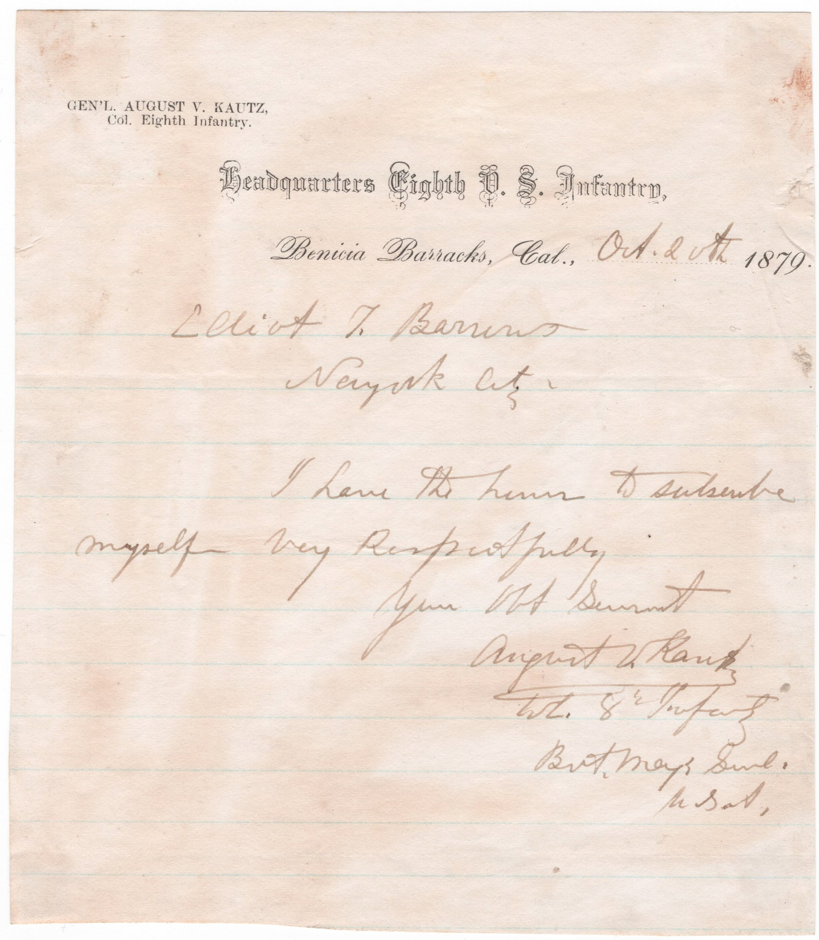 AUGUST V. KAUTZ: (1828 – 1895) Union brigadier general present at the capture of Morgan and his raiders, also commanded cavalry at Petersburg and Richmond. A.N.S., 1p. 12mo., Benicia Barracks, CA, Oct. 20, 1879,
