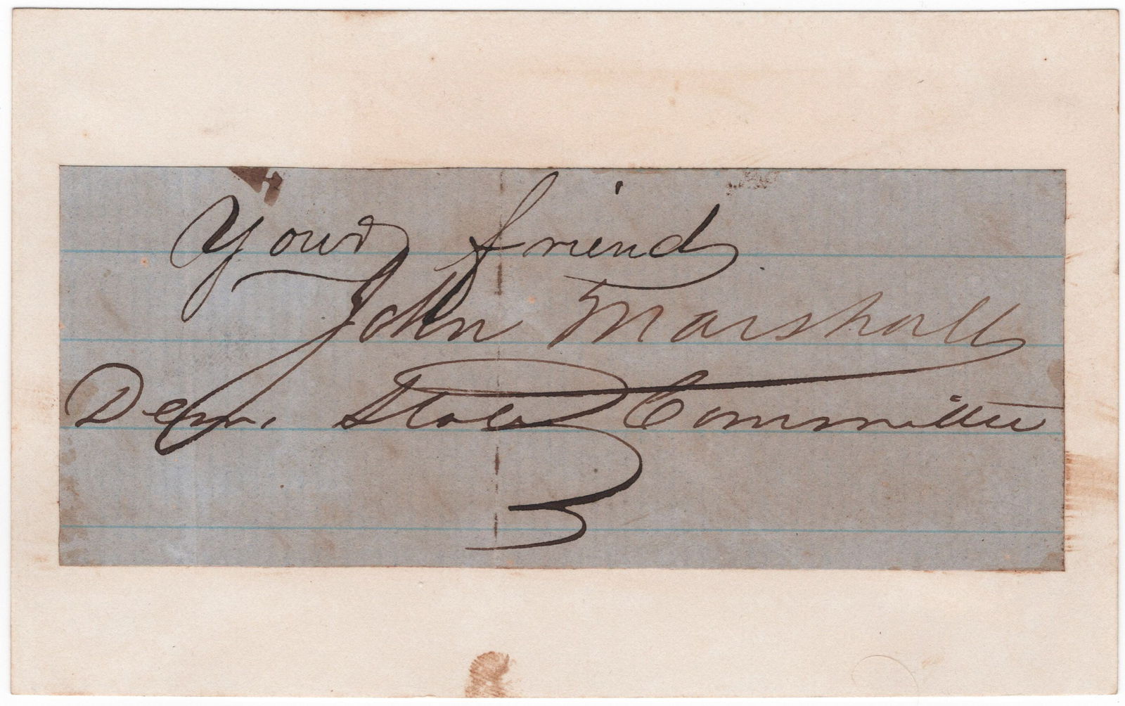 JOHN F. MARSHALL: (1823-1862) Confederate colonel of John Bell Hood’s 4th Texas Regiment, killed in action at Gaines’ Mill during the Seven Days’ Battles. Rare, bold signature in black ink as chairman