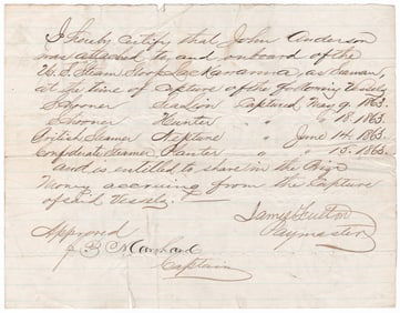 (UNION NAVY) USS LACKAWANNA SEAMAN IS ENTITLED TO PRIZE MONEY FOR CAPTURED BLOCKADE RUNNERS