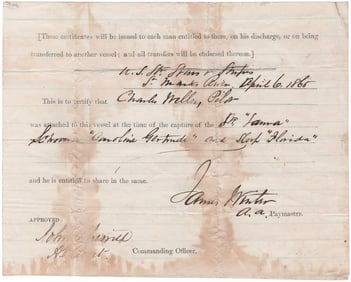 (UNION NAVY) USS STARS AND STRIPES PILOT IS ENTITLED TO PRIZE MONEY FOR CAPTURED BLOCKADE RUNNERS