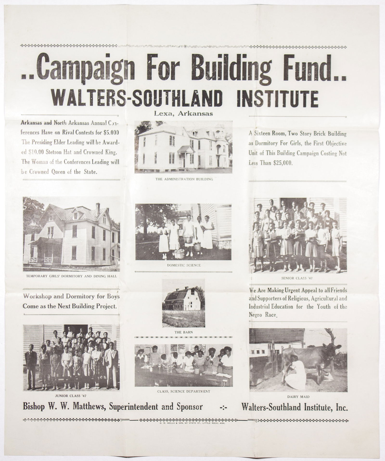 BLACK ARKANSAS COLLEGE BUILDING CAMPAIGN POSTER: Interesting ca. 1947 poster, 19 x 22.75 in., advertising a ‘Campaign for Building Fund’ to expand the Walters-Southland Institute in Lexa, Arkansas. The campaign seeks to raise $25,000 to