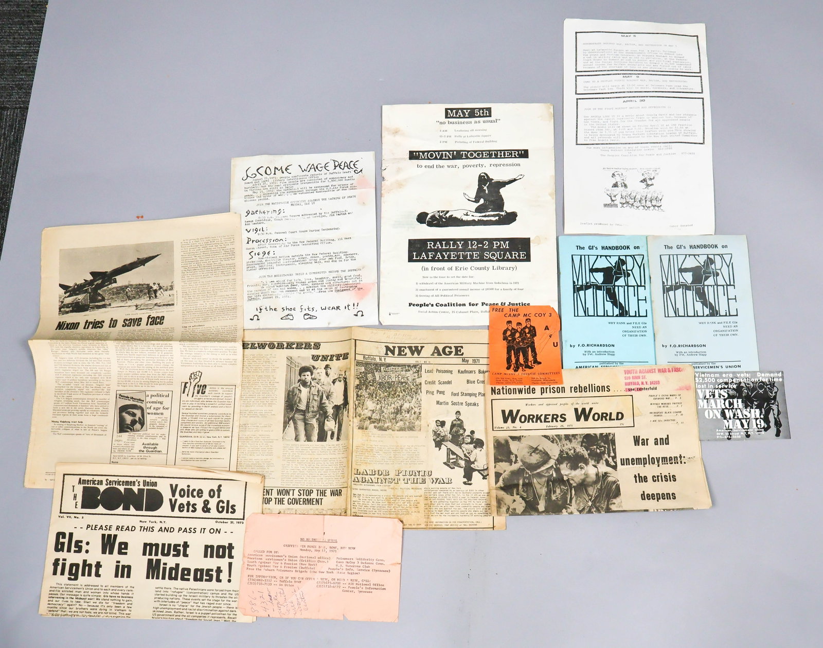 VIETNAM VETS ACTIVISM (13): A group of material related to the anti-war movement of the early 1970s, including a handmade banner demanding the freeing of Ashby Leach, a Vietnam veteran who took over the offices at the Chesapeake