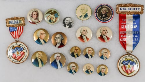 GEORGE WASHINGTON RIBBONS AND PINBACKS (20)