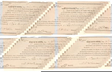 PENNSYLVANIA MILFORD & OWEGO TURNPIKE ROAD COMPANY STOCK CERTIFICATES (11)