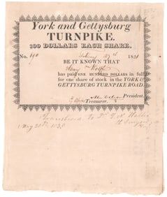 1821 NEW YORK AND GETTYSBURG TURNPIKE STOCK CERTIFICATE