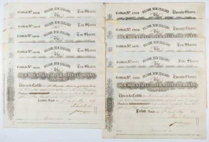DUN MOUNTAIN COPPER MINING COMPANY STOCK CERTIFICATES (10)