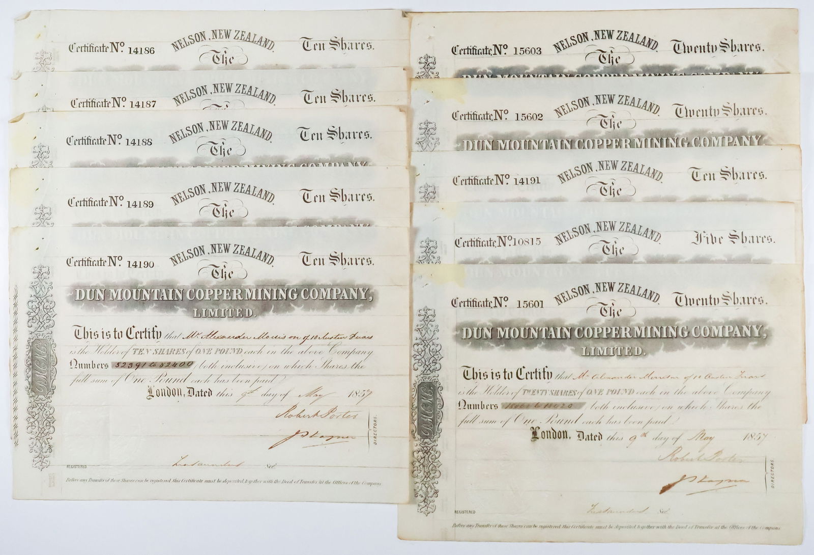 DUN MOUNTAIN COPPER MINING COMPANY STOCK CERTIFICATES (10) (1 of 3)
