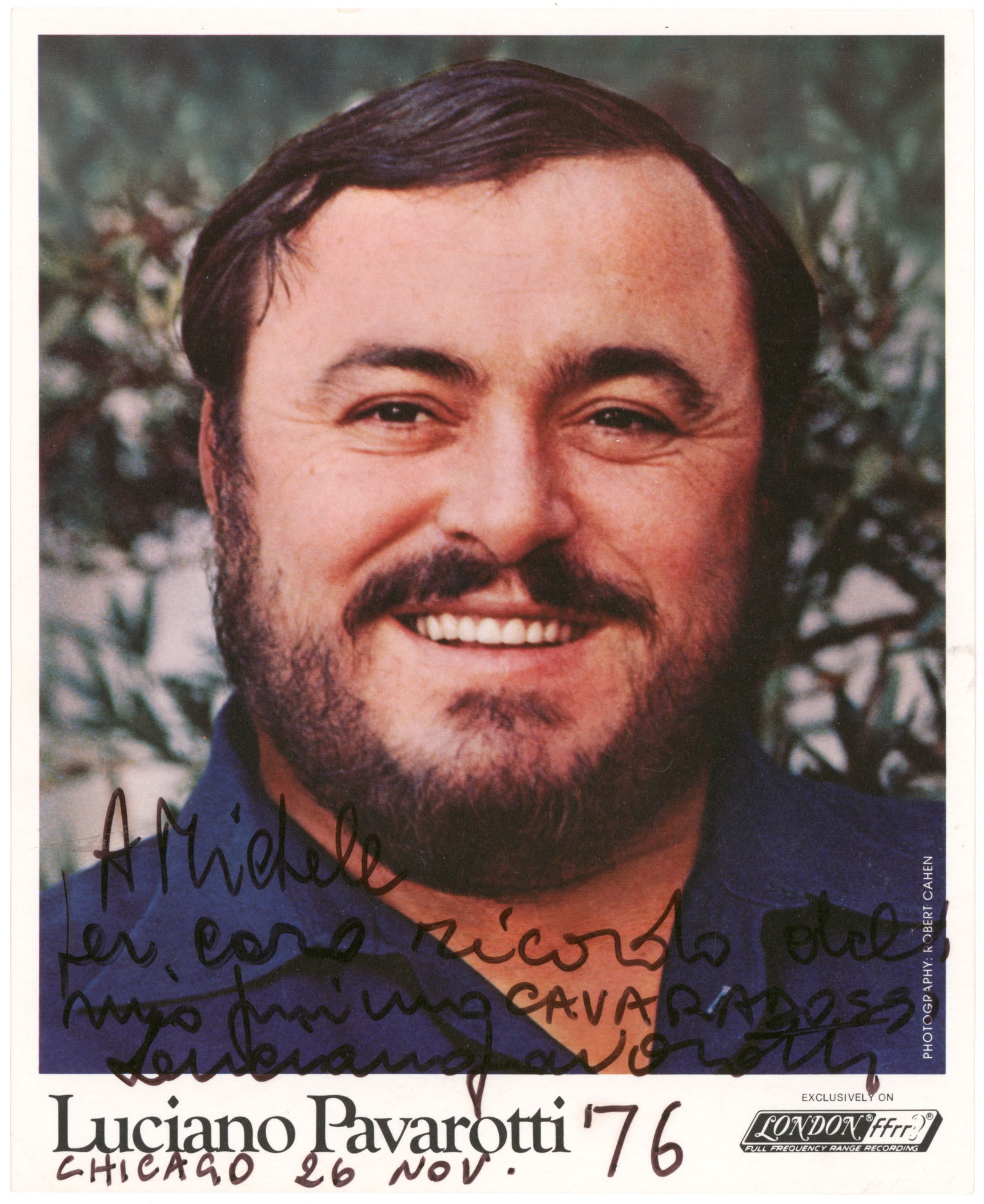 LUCIANO PAVAROTTI: (1935-2007) Italian opera singer, best known for his many television appearances as part of the Three Tenors. I.S.P. 8 x 10 in. color, a press photo, inscribed and signed at bottom adding date: ‘