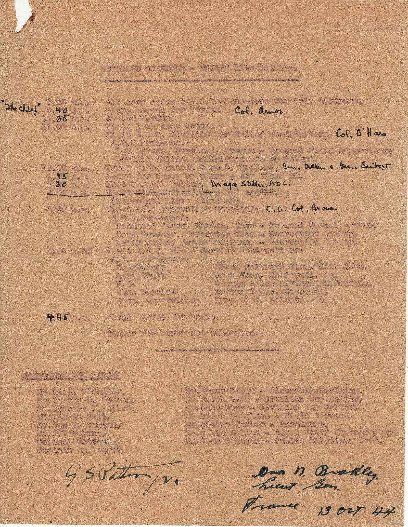 GEORGE S. PATTON, JR. AND OMAR N. BRADLEY: A great war-date document signed by both Gen. GEORGE S. PATTON, JR. (1885 - 1945) and Gen. OMAR N. BRADLEY (1893-1991) who adds 'Lieut Gen. France 13 Oct. 44', 1p. 4to., [France], the day's itinerary