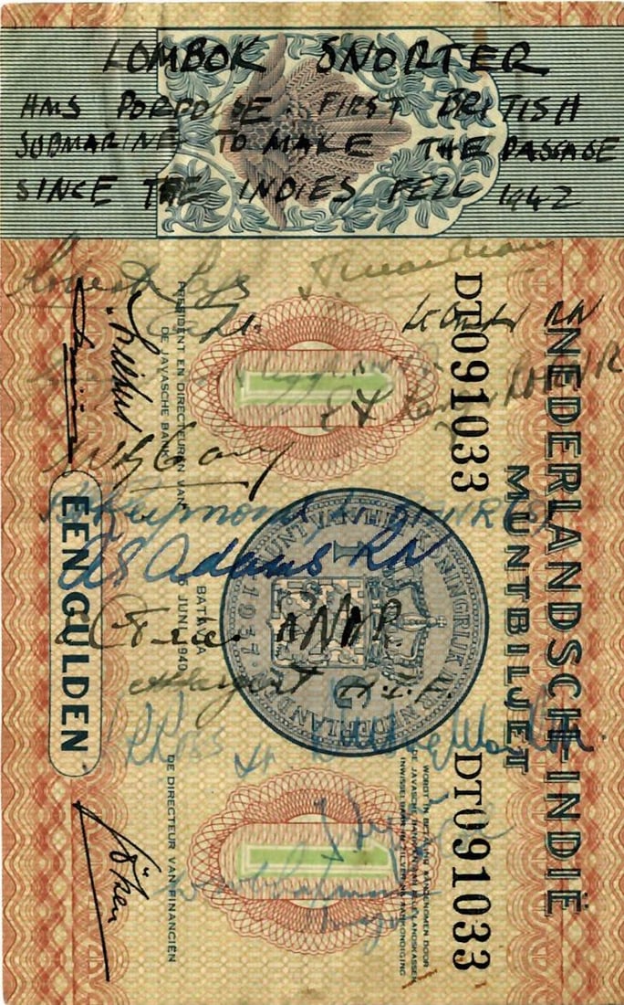 SINGAPORE 'OPERATION RIMAU' SIGNED 'SHORT SNORTER: Possibly the rarest collection of military signatures obtainable on a single piece, a Dutch Indies one gulden banknote signed aboard the submarine ferrying the ill-fated British commandos attached to
