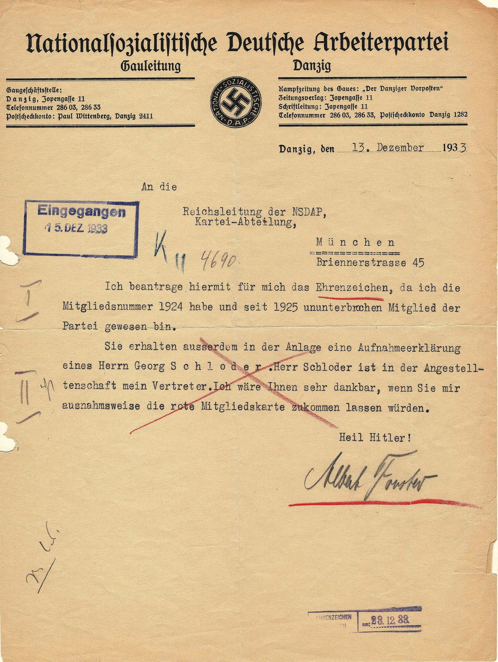 ALBERT FORSTER: (1902 - 1952) Nazi politician, Gauleiter of Danzig-West Prussia. A ruthless and notorious anti-Semite, he established about 70 camps in Pomerania where Poles were subjected to murder, torture and in