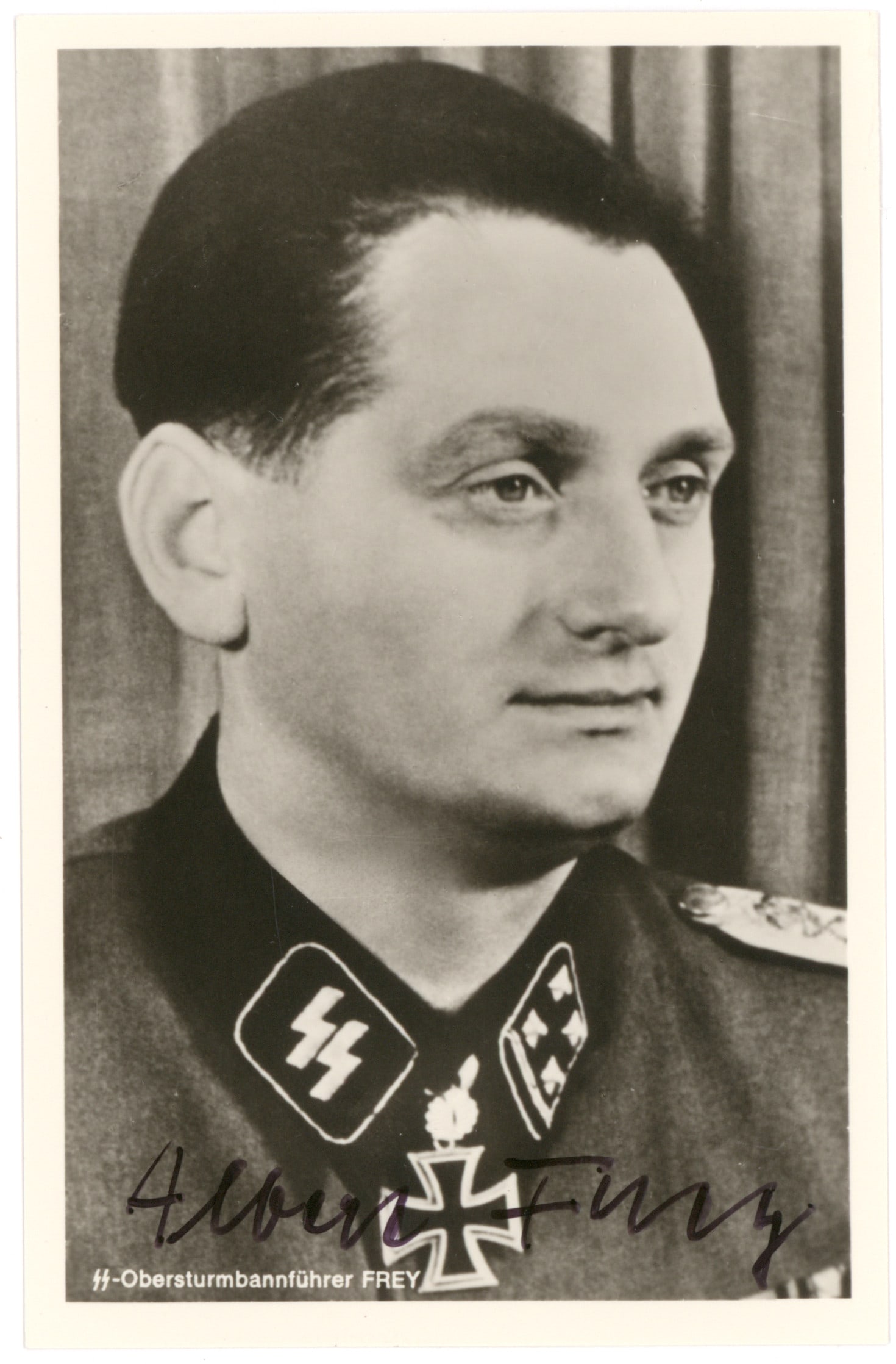 ALBERT FREY: (1913 - 2003) SS officer serving in the Leibstandarte-SS Adolf Hitler, awarded the German Cross in Gold, the Knights Cross on March 3, 1943 as SS-Sturmbannführer und Kommandeur of the I.